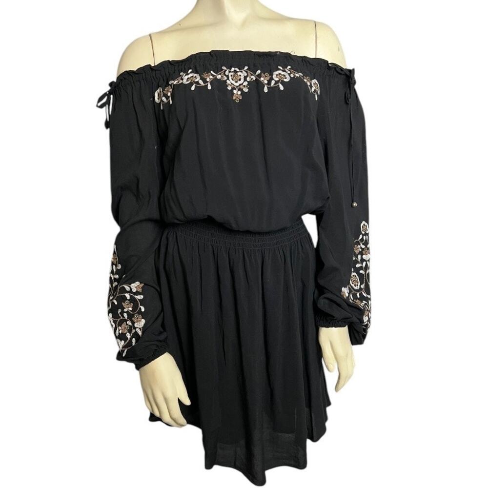 WHBM Black Off Shoulder Dress XS Embroidered Peasant Boho Festival Mini